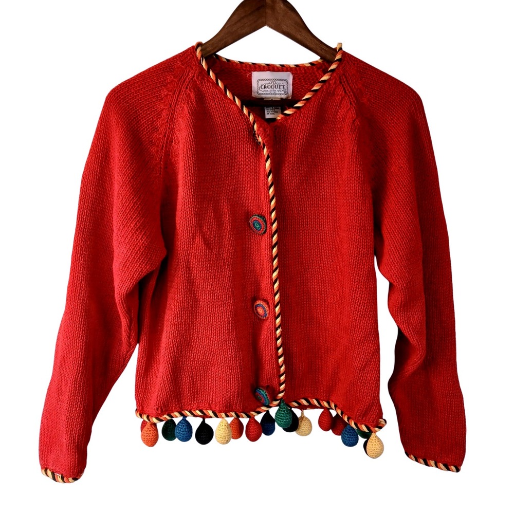 Croquet Club Crotchet Red‎ Button Front Cardigan Colorful Tassel Hem Women's M